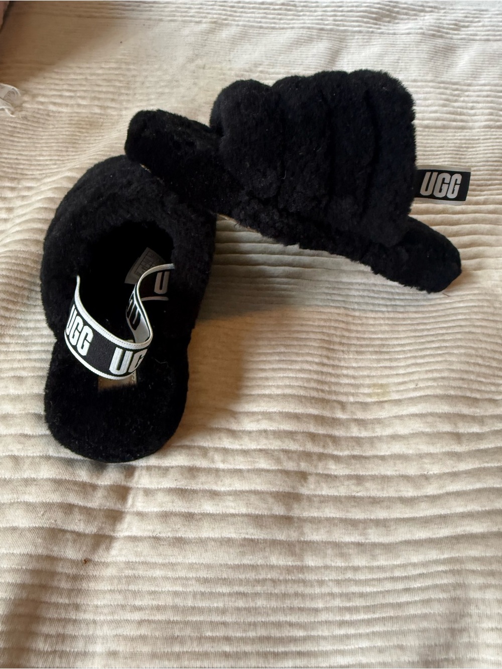 UGG Kids Black Fuzzy Slide Sandals with Branded Heel Strap